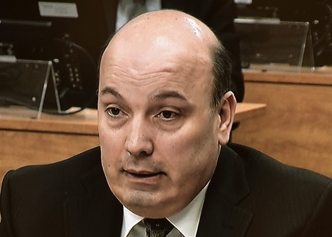 Frank Zampino, former chairman of the city of Montreal executive committee, testifies before the Charbonneau Commission in Montreal, Wednesday, April 24, 2013, as shown from the commission's video feed.
