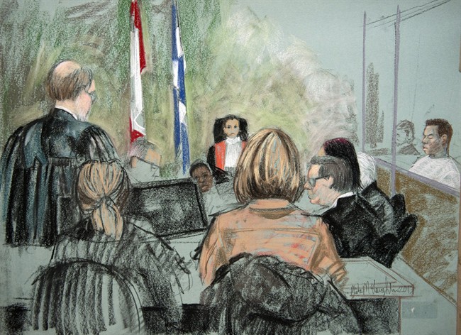 An artist's sketch of the courtoom in the Magnotta hearing in Montreal on Friday, April 12, 2013 into the death of Jun Lin.