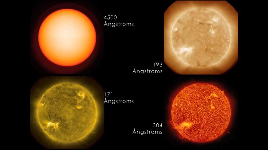 The various wavelengths recorded by the SDO look surprisingly different. (NASA/SDO)