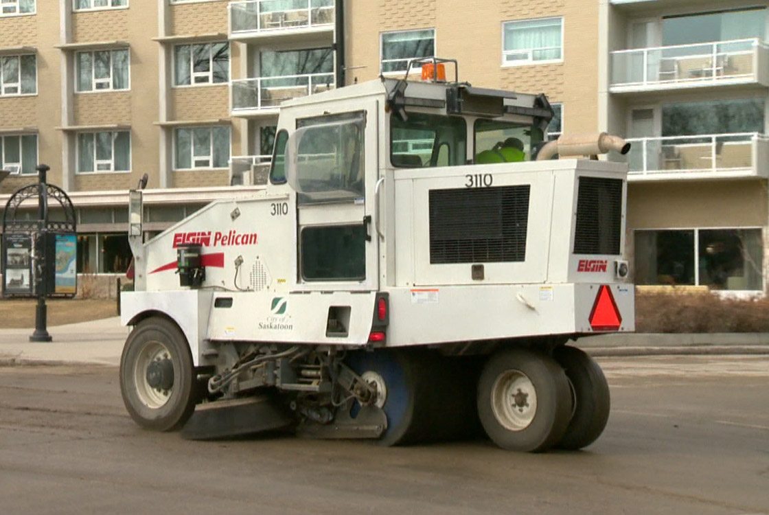 A sweeper cleans a Saskatoon street on March 27, 2012. Sweeping crews will be cleaning high-traffic streets in Saskatoon that were heavily salted and sanded this past winter.
