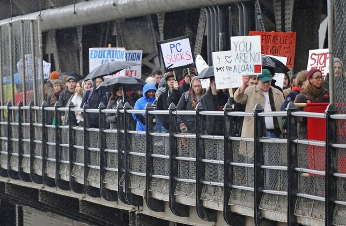 University students on the Highlevel Bridge marching to the Legislature in protest of the education cuts in Edmonton, April 10.