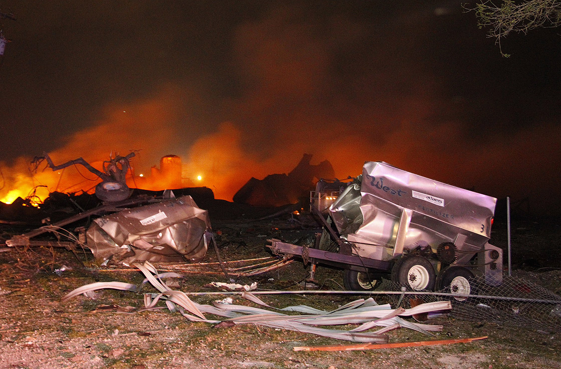 A fire burns at a fertilizer plant in West, Texas after an explosion Wednesday April 17, 2013.