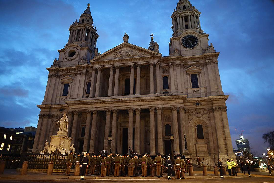 full military rehearsal for the ceremonial funeral procession for former British Prime Minister Margaret Thatcher takes place outside St Paul's Cathedral in the early morning on April 15, 2013 in London, England.