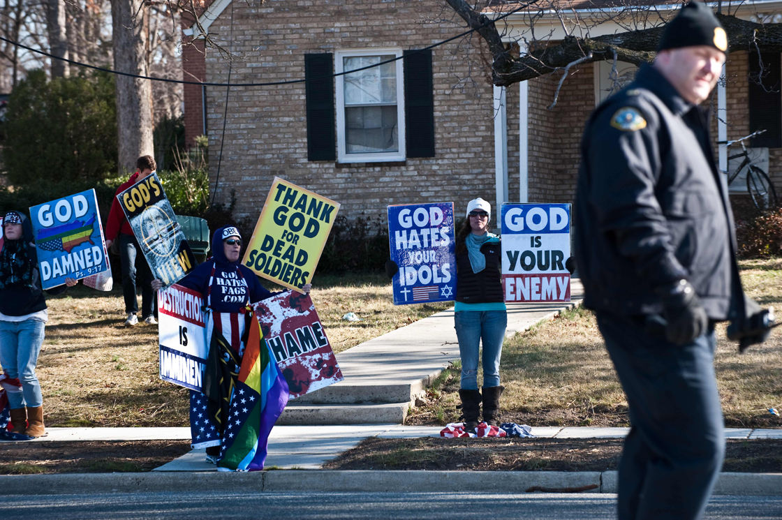 Members of Westboro Baptist Church picket outside a soldier's funeral in this file photo.