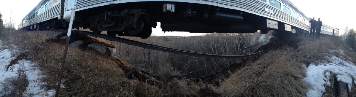 A VIA train heading westbound went over a section of track that had been washed out, resulting in two engines and one of the train’s cars leaving the track.