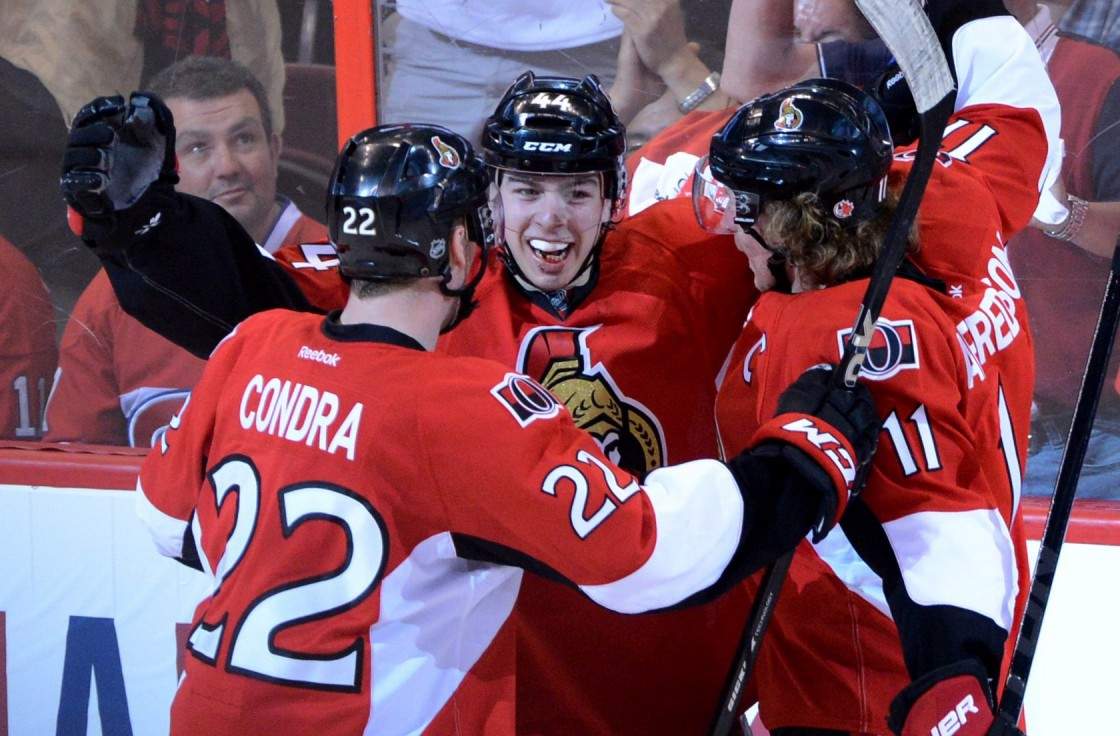 Ottawa Senators' Jean-Gabriel Pageau, middle, celebrates a hat-trick and the sixth goal against the Montreal Canadiens during the third period of game three of first round NHL Stanley Cup playoff hockey at the Scotiabank Place in Ottawa on Sunday, May 5, 2013. 