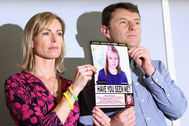 Kate and Gerry McCann hold an age-progressed police image of their daughter during a news conference to mark the 5th anniversary of the disappearance of Madeleine McCann, on May 2, 2012 in London, England.