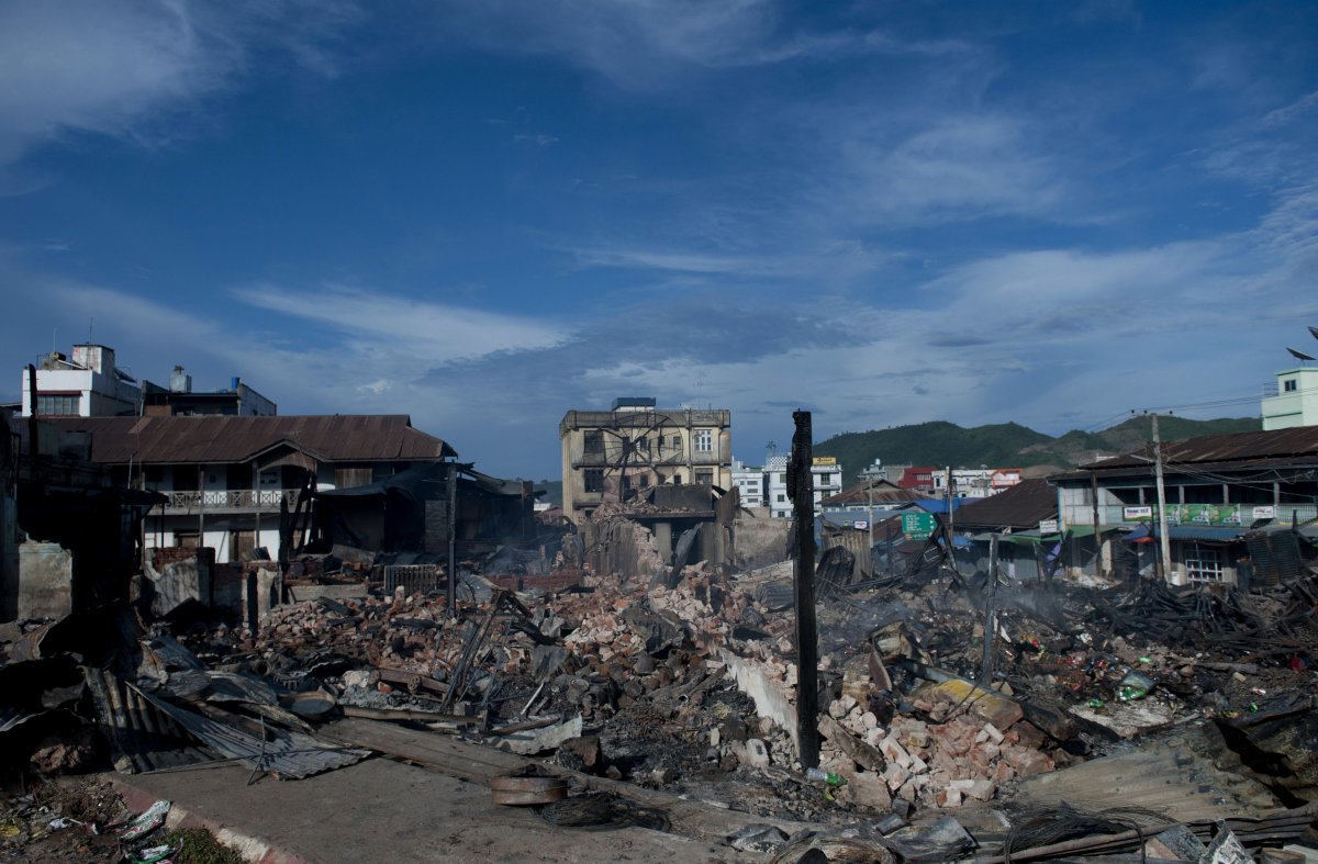 A destroyed market is seen in the downtown area of Lashio, Shan state of Myanmar on May 29, 2013.  Myanmar's government called for calm after mobs burned down a Muslim orphanage, a mosque and shops during a new eruption of religious violence in the east of the country. (Ye Aung Thu/AFP/Getty Images).