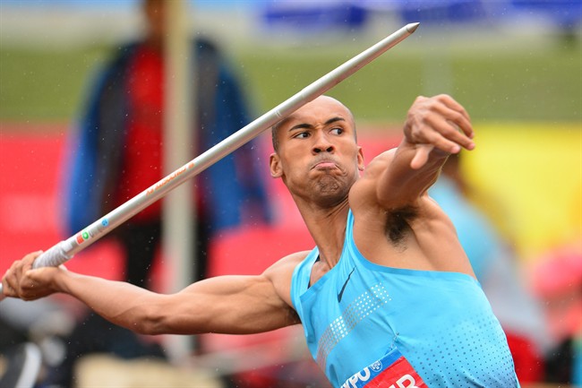 Damian Warner competes in a decathlon in May.