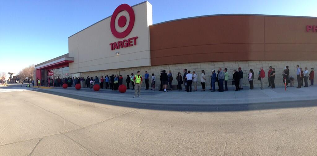Shoppers line up outside Target store at Kildonan Place in Winnipeg on May 7.