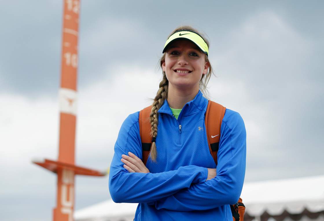 Emory Rains High School's Charlotte Brown, 15, poses for a photo near the pole vault pit at the UIL State Track & Field meet, Friday, May 10, 2013, in Austin, Texas. 