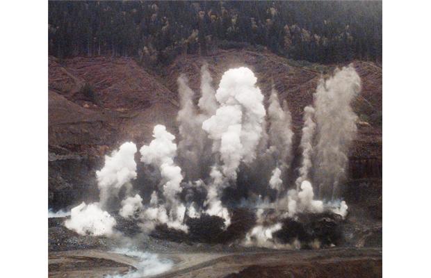 Blasting in the open pit at the Huckleberry copper/molybdenum mine in northern B.C.
