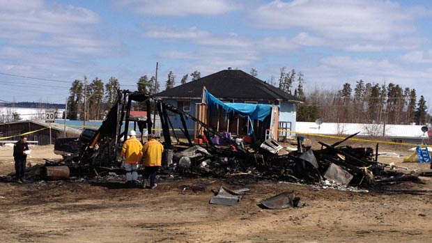 The remains of a house at Wunnumin Lake First Nation, is shown in a handout photo, released on Thursday May 9, 2013. Residents said a one-year-old girl, a six-year-old girl and their aunt, a 21-year-old woman, were killed in the blaze that ravaged a home in the Wunnumin Lake First Nation. THE CANADIAN PRESS/HO.