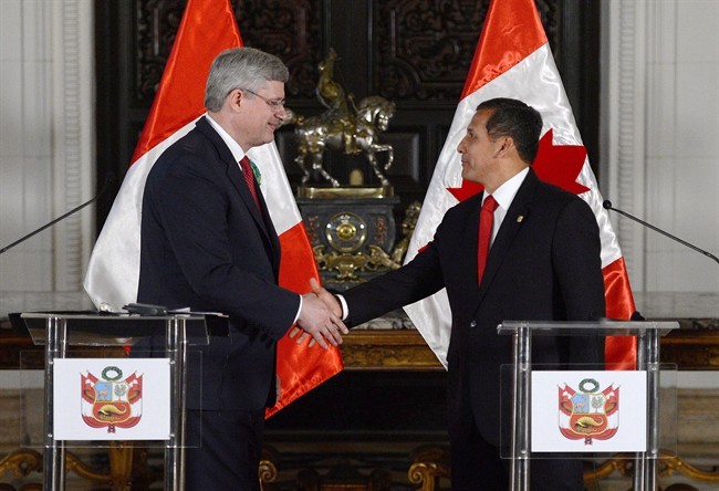 Prime Minister Stephen Harper takes part in a joint press conference with President of Peru Ollanta Humala at Government Palace in Lima, Peru on Wednesday, May 22, 2013. THE CANADIAN PRESS/Sean Kilpatrick.