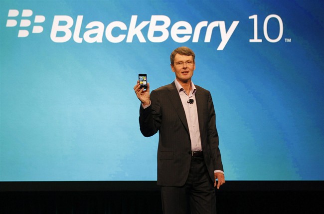 In this May 1, 2012 photo, Research In Motion's Thorsten Heins delivers the keynote speech during the BlackBerry World conference in Orlando, Fla. THE CANADIAN PRESS/AP, Reinhold Matay.