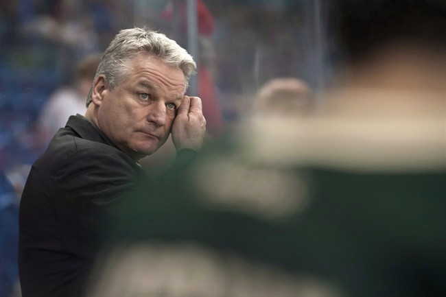 London Knights head coach Dale Hunter reacts during Memorial Cup action in Saskatoon, Sask. on Tuesday, May 21, 2013.