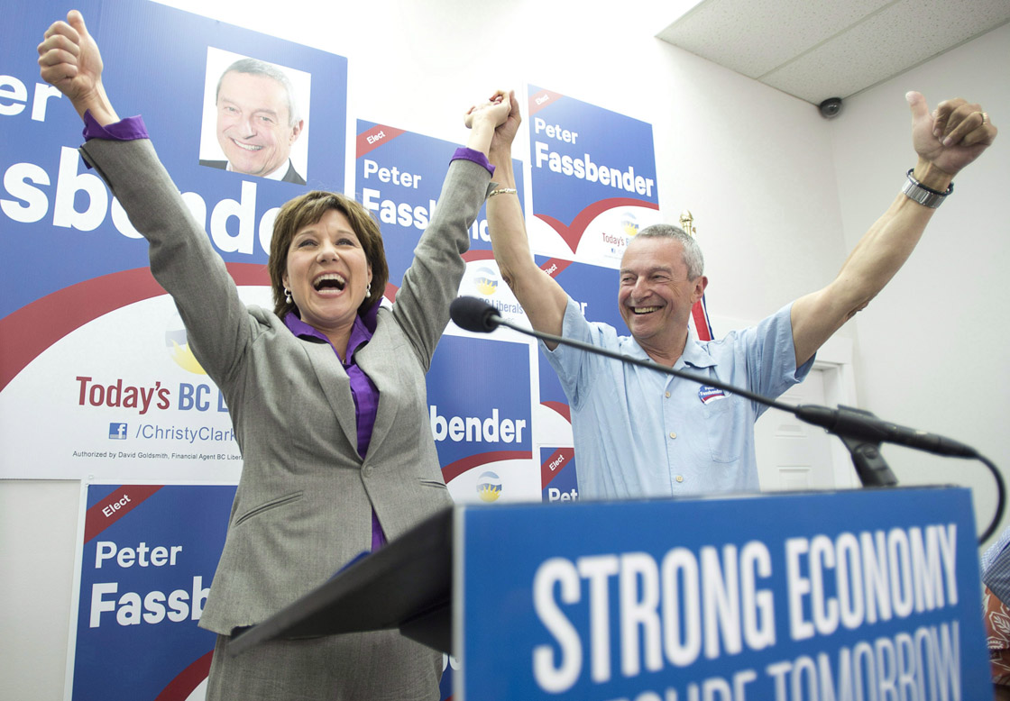 BC Liberal leader Christy Clark and Peter Fassbender in Surrey, B.C. Saturday, May 11, 2013.