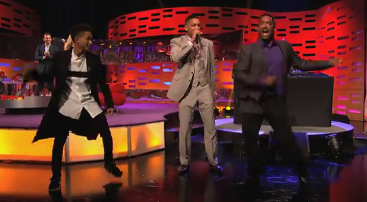 Jaden Smith, left, with father Will Smith and Alfonso Ribiero on 'The Graham Norton Show.'.