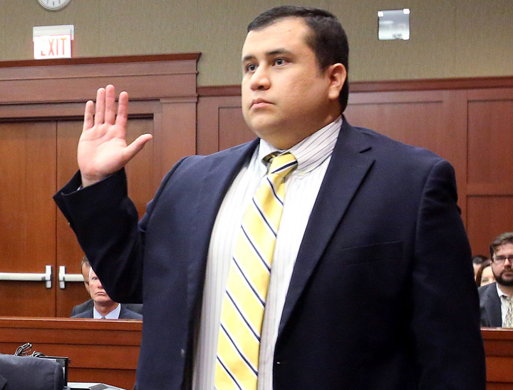 George Zimmerman, defendant in the killing of Trayvon Martin, is sworn in as a witness in Seminole circuit court for a pre-trial hearing April 30, 2013 in Sanford, Florida.