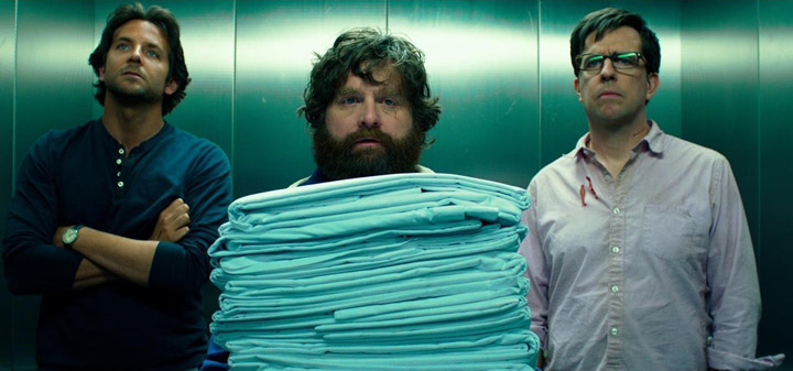 Bradley Cooper, Zach Galifianakis and Ed Helms in a scene from 'The Hangover Part III.'.