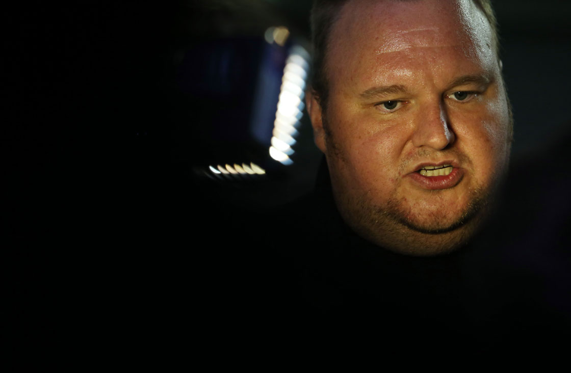 Megaupload founder Kim Dotcom speaks to the media at the launch of his new website at his mansion in Auckland on January 20, 2013. 