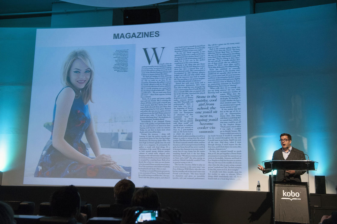 Kobo executive Michael Tamblyn unveils the Kobo Aura HD in London last month. The former Canadian company says the new tablet is helping boost sales. 