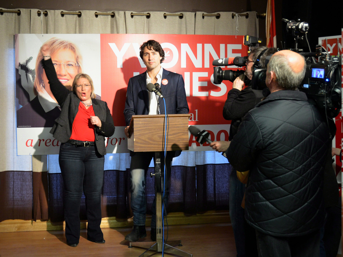 File - Liberal candidate Yvonne Jones and Justin Trudeau speak with supporters during a event in Happy Valley-Goose Bay on Wednesday April 24, 2013. 