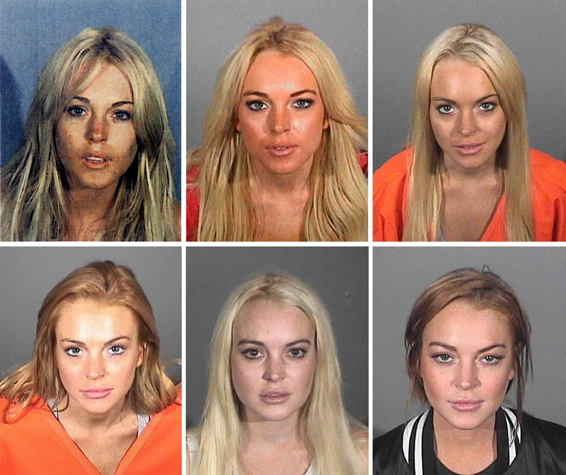 Lindsay Lohan as she appeared in various booking photos.