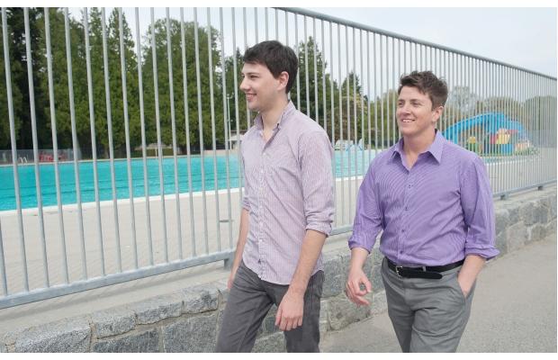 Park board commissioner Trevor Loke (left) and Drew Dennis (right) at the Second Beach pool. They are lobbying for unisex or universally accessible washrooms in public spaces in Vancouver, as well as special swim times at public pools for the transgender and gender-variant community. 