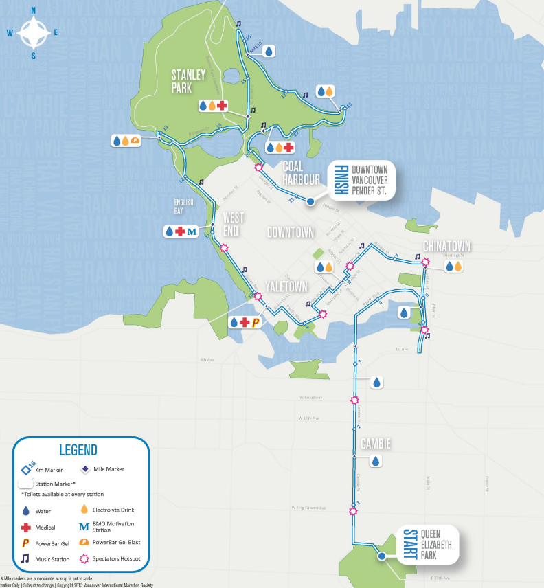 Half-marathon route of the BMO Vancouver Marathon.