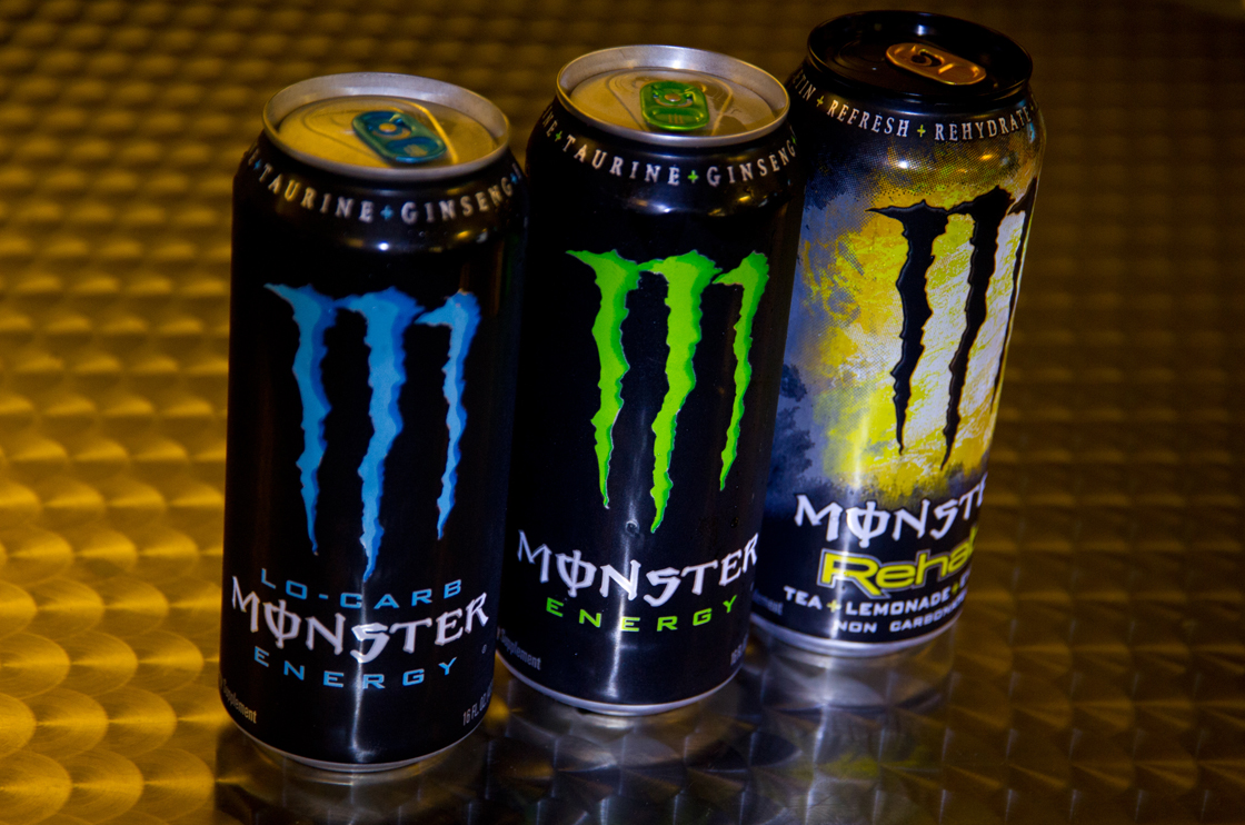 A variety of Monster Energy drinks.