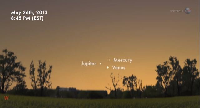 The planets Jupiter, Mercury and Venus for a beautiful conjunction on May 26, 2013.