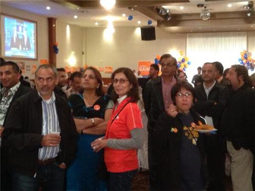 Nervous crowd at NDP Surrey headquarters