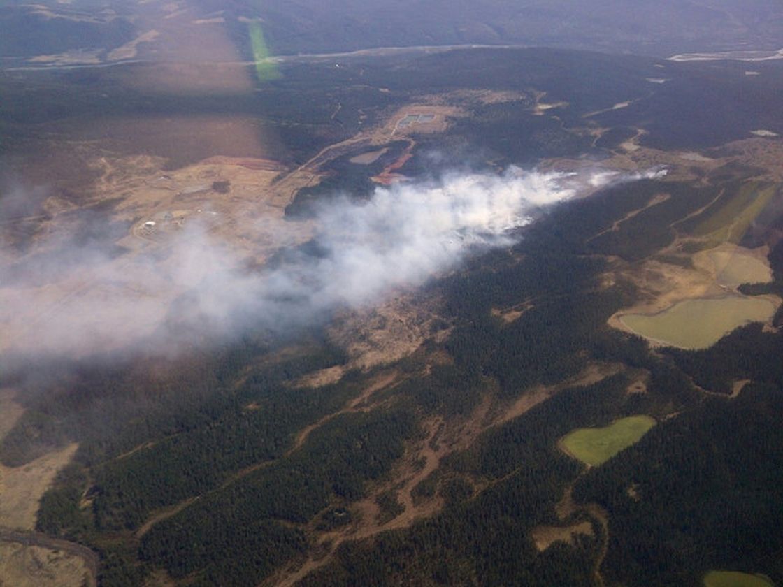 An aerial shot of the wildfire burning west of Nordegg, AB. 