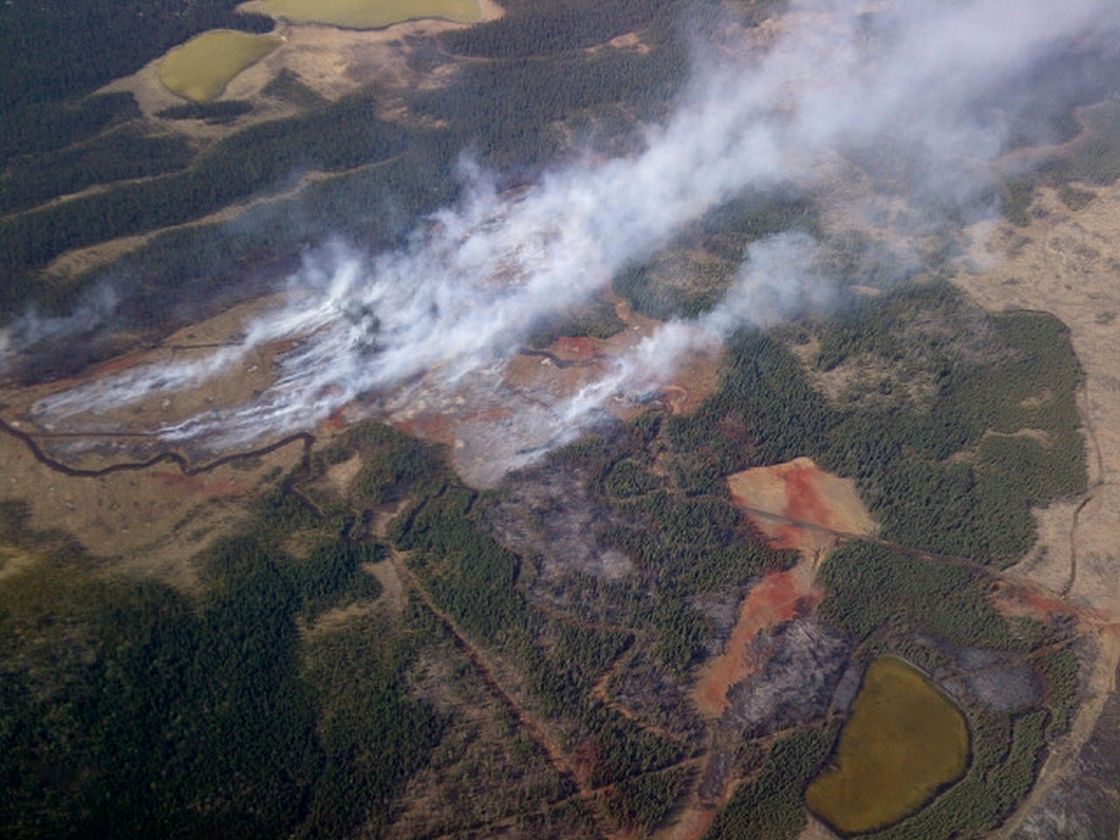 An aerial shot of the wildfire burning west of Nordegg, AB. 