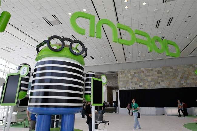 This June 27, 2012 file photo shows an Android display at the Google I/O conference in San Francisco. Google is expected to use its annual software developers’ conference to showcase the latest mobile devices running on its Android software, while also unveiling other features in its evolving product line-up. The gathering is scheduled to begin Wednesday morning, May 15, 2013, in San Francisco. 