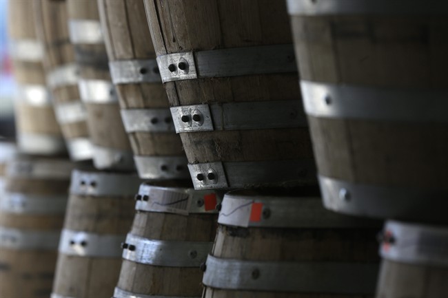 Barrels of baby bourbon are stacked at Tuthilltown Spirits.
