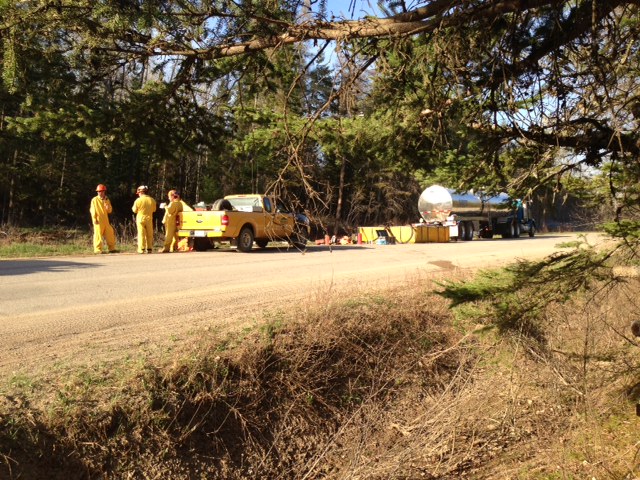Firefighters gather near Petitcodiac, NB to try to get a forest fire under control.