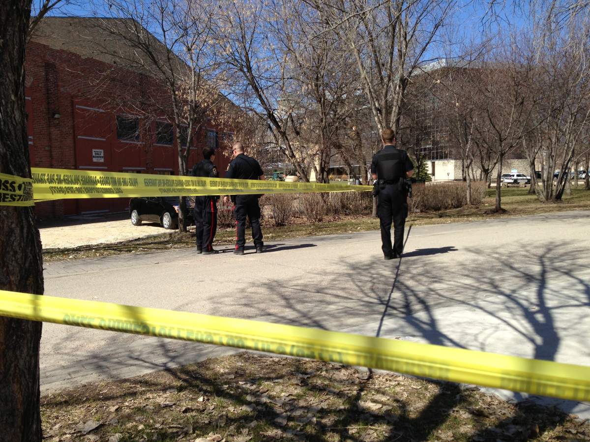 Police investigate a suspicious package at The Forks on Sunday.
