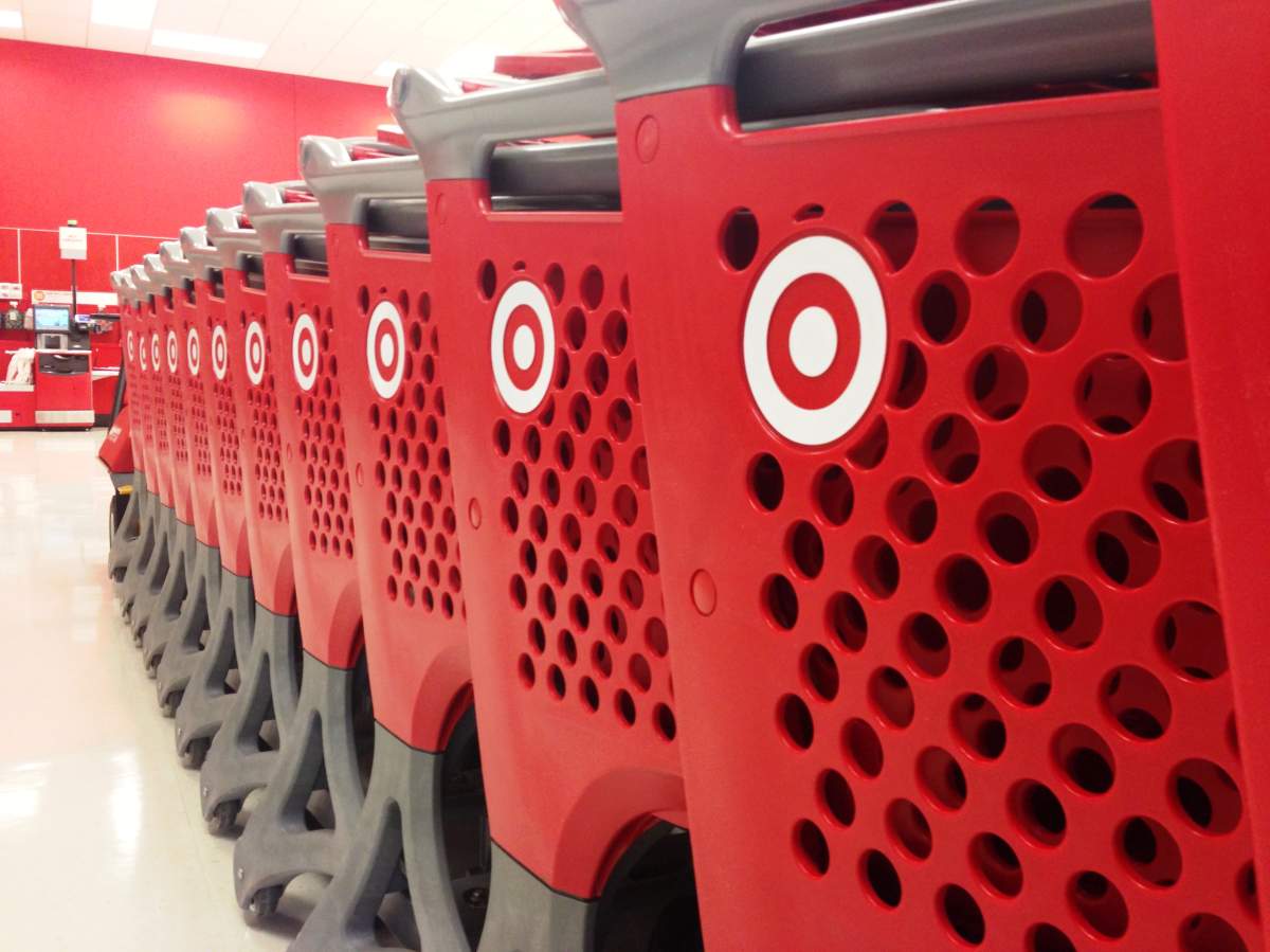 A row of shopping carts at the Target located at Market Mall.