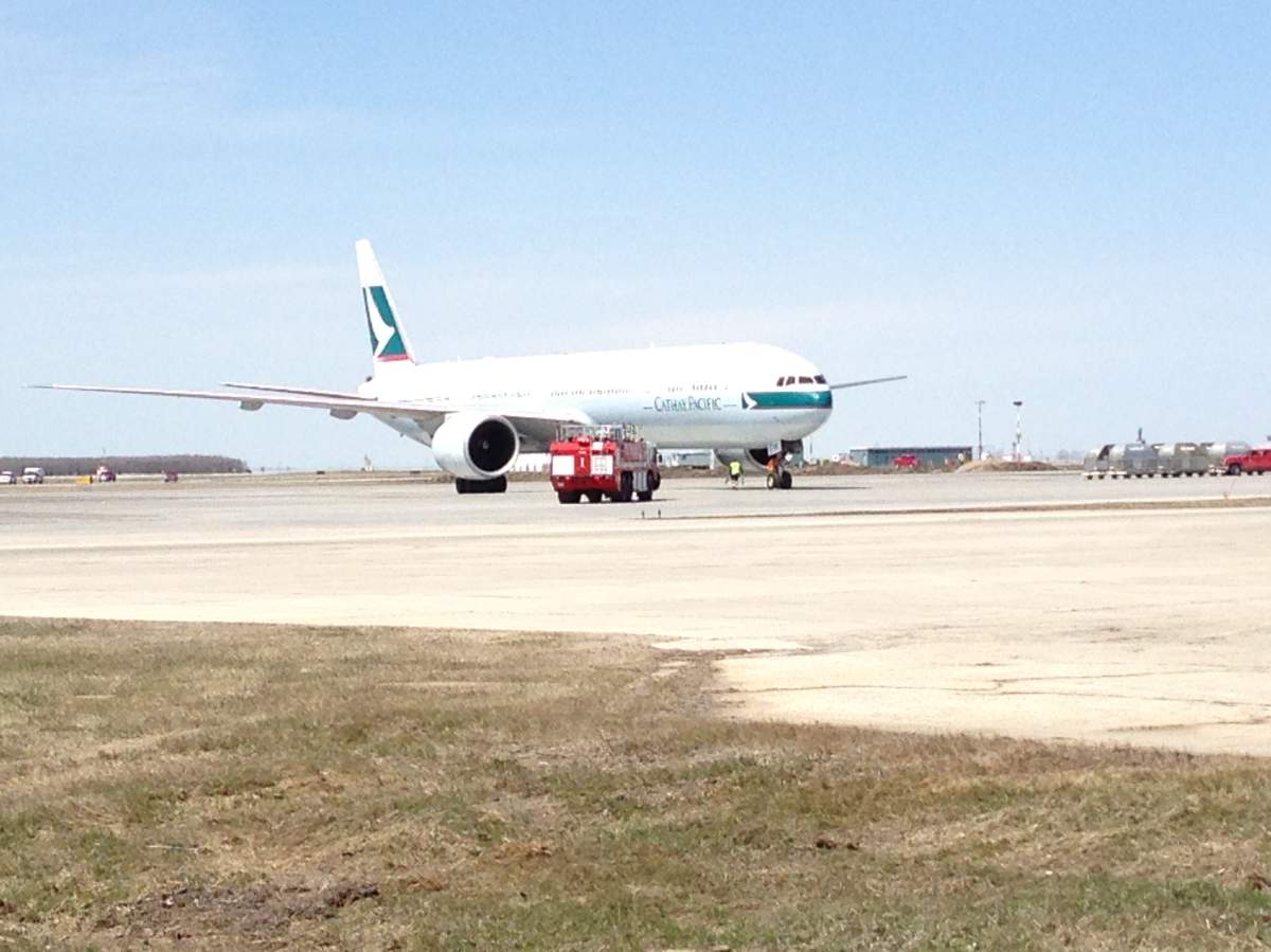 Cathay Pacific flight 806 on the tarmac in Winnipeg after diverting from its Hong Kong-Chicago route on May 9, 2013