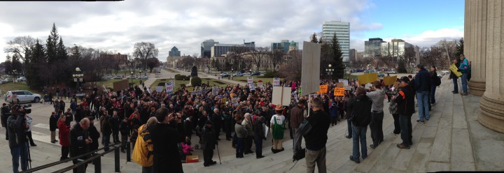 Protesters gathered at the Manitoba Legislature rallying against the PST hike on May 2, 2013.