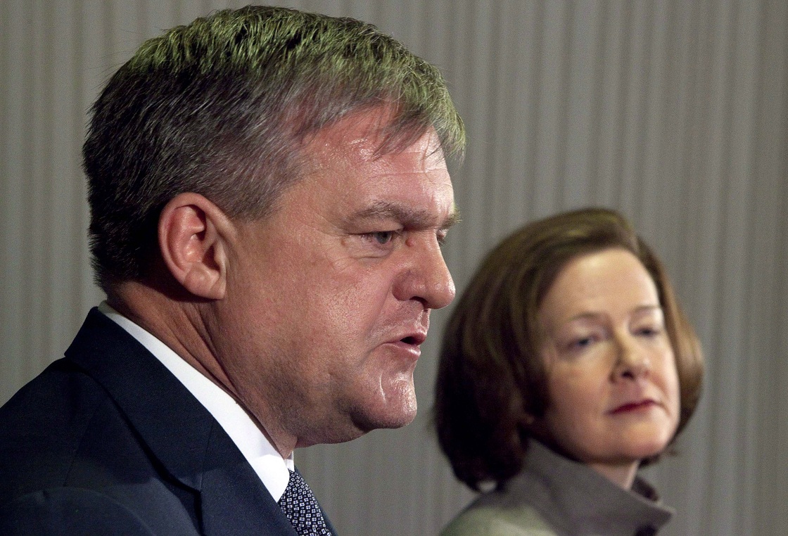 Alberta Premier Alison Redford, right, and New Brunswick Premier David Alward hold a joint news conference after meeting in Calgary, Alta., Tuesday, Feb. 5, 2013.