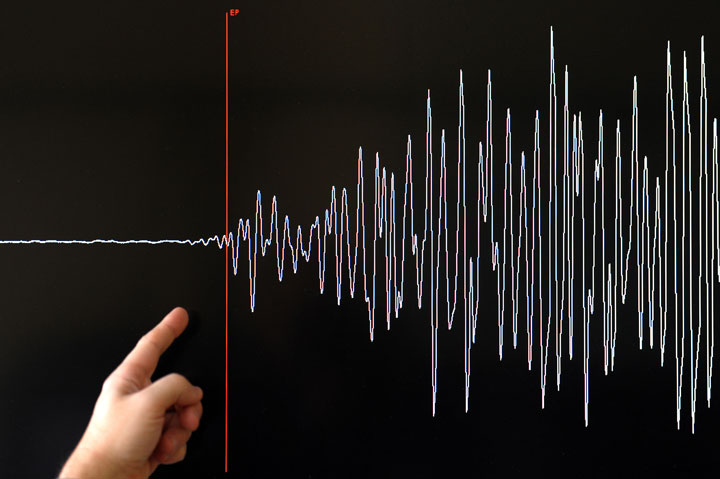 A file photo of a seismograph, pointing out the start of an earthquake.