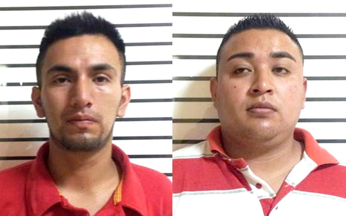 In this undated composite image released by Mexico City's prosecutor's office (PGJDF) on Monday, May 13, 2013, Manuel Alejandro Perez de Jesus, 24, left, and David Hernandez Cruz, 24, stand for their mug shot after being arrested in Mexico City.  