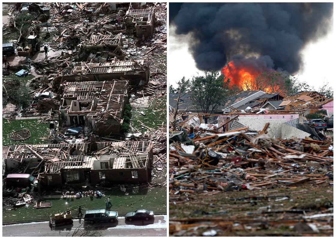This combination of Associated Press photos shows left, a neighborhood in Moore, Okla., in ruins on Tuesday, May 4, 1999, after a tornado flattened many houses and buildings in central Oklahoma, and right, flattened houses in Moore on Monday, May 20, 2013. Monday's powerful tornado in suburban Oklahoma City loosely followed the path of a killer twister that slammed the region in May 1999. 