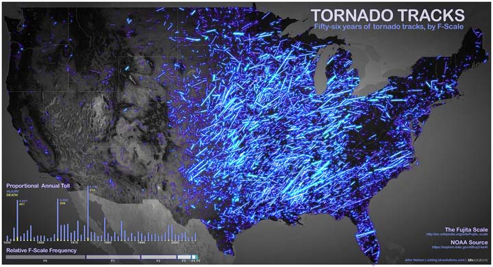 This map tracks 56 years of tornado paths throughout the United States. Many of those tornadoes or severe storms make their way across the boarder into Canada.
