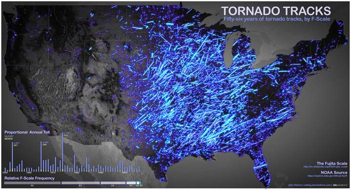 This map tracks 56 years of tornado paths throughout the United States. 
