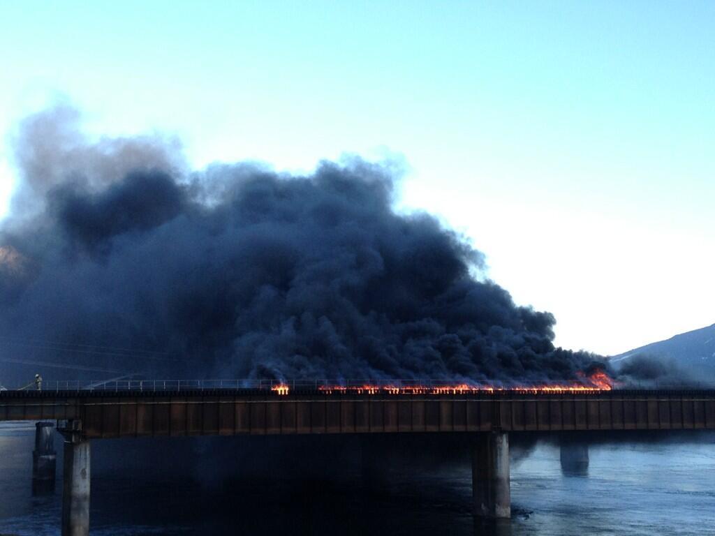 Train bridge fire in Revelstoke.