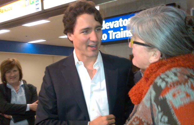 Liberal leader Justin Trudeau greets early-morning Edmonton LRT riders on May 3, 2013.